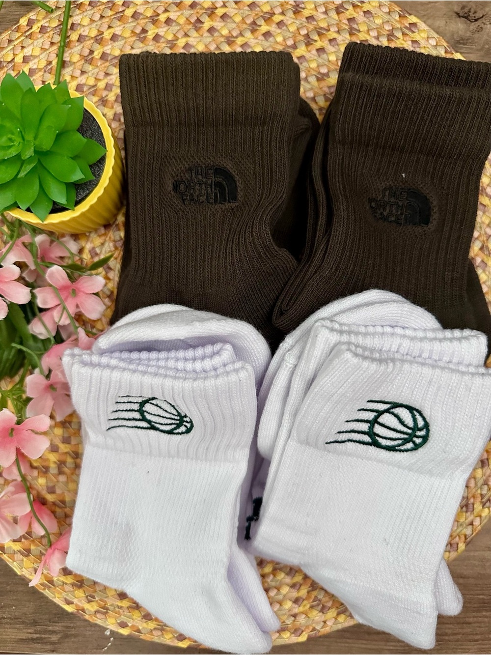The North Face Brown Crew Socks with White Athletic Crew Socks-NEW